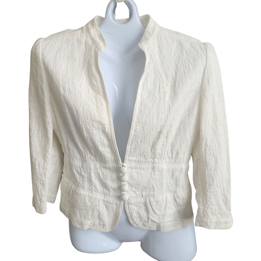 VTG 2005 BR Rare Crop Blazer-Ivory-3D Cotton-V Neck-Loop Closure-Band Collar 8